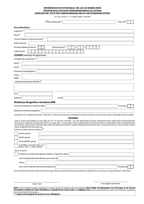 Referendum 2026: voto degli elettori temporaneamente allestero